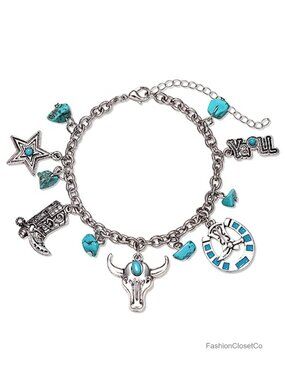 Vintage Western Turquoise Charm Bracelet Cowboy Boots Hat Bull Chain Link